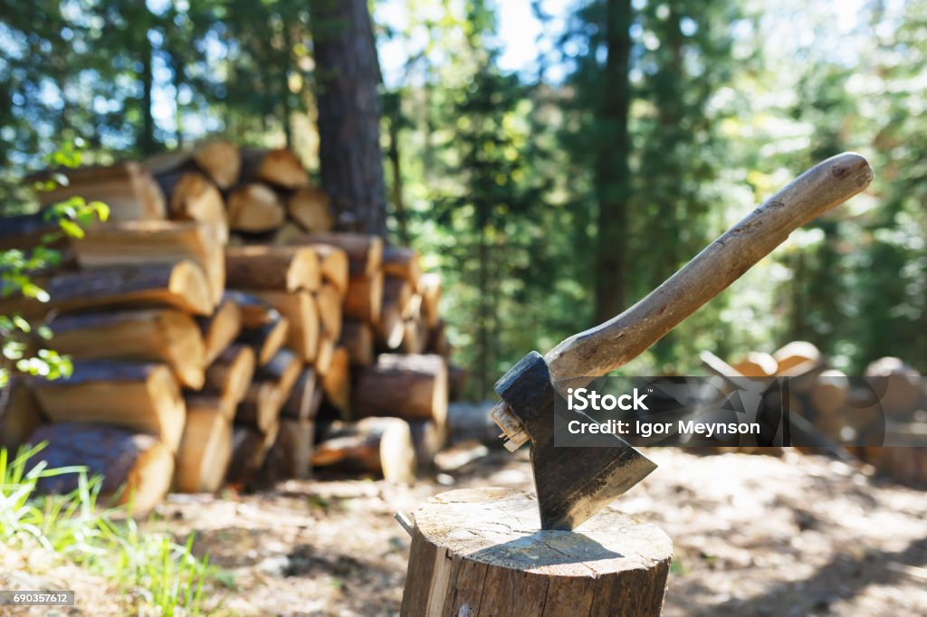 Old axe standing against a piled pieces of firewood Old axe standing against a piled pieces of firewood in wood Axe Stock Photo