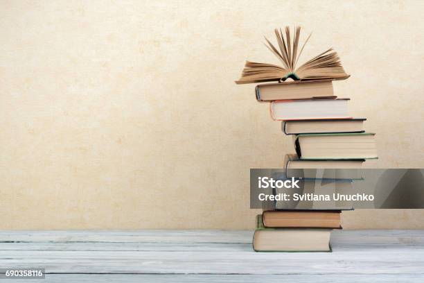 Stack Of Colorful Books Education Background Back To School Book Hardback Colorful Books On Wooden Table Education Business Concept Copy Space For Text Stock Photo - Download Image Now