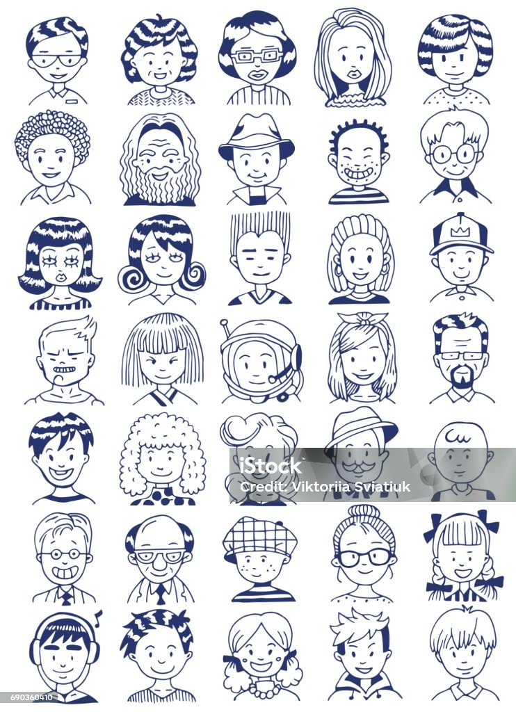 People Portrait Set. Collection of Various Men and Women Faces. Hand Drawn Line Art Cartoon Vector illustration. Human Face stock vector