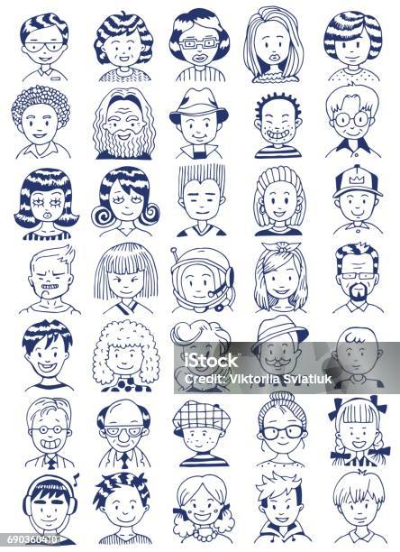 People Portrait Set Collection Of Various Men And Women Faces Hand Drawn Line Art Cartoon Vector Illustration Stock Illustration - Download Image Now