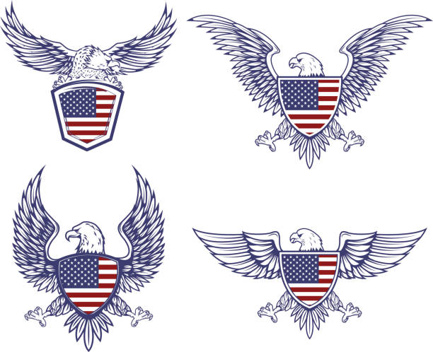 amblemler kartallar ile abd bayrağı arka üzerinde ayarlayın. tasarım öğeleri için etiket, arma, işaret. vektör çizim - eagles stock illustrations
