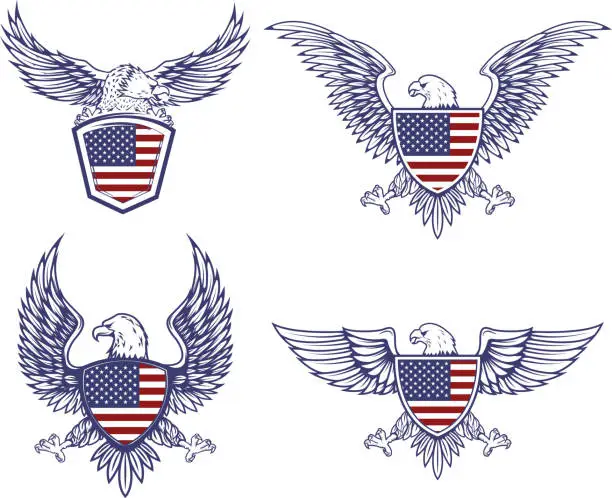 Vector illustration of Set of the emblems with eagles on usa flag background. Design elements for label, emblem, sign. Vector illustration