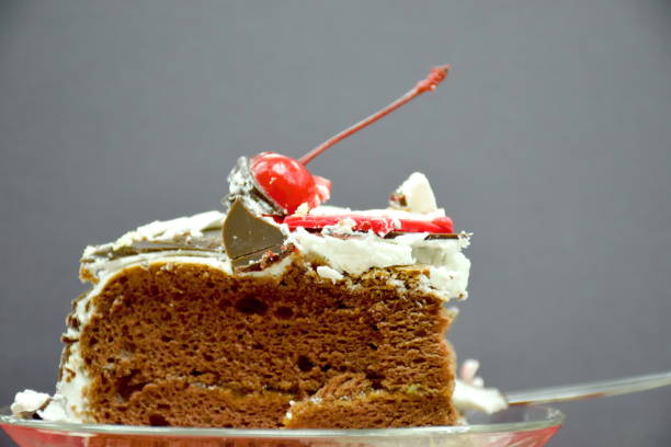 istock Piece of chocolate cake with cherry compote 690367948