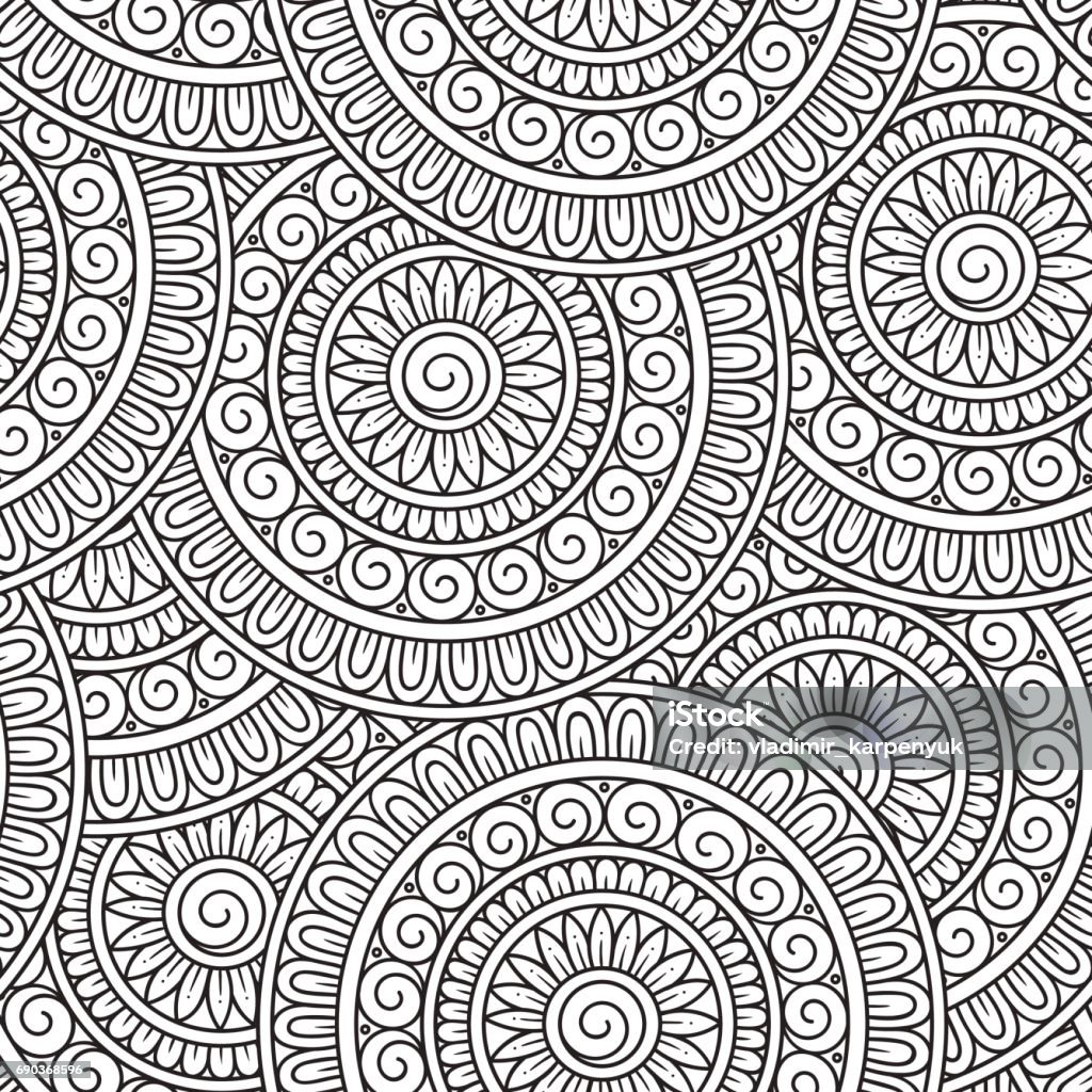 Doodle background in vector with doodles, flowers and paisley. Doodle background in vector with doodles, flowers and paisley. Vector ethnic pattern can be used for wallpaper, pattern fills, coloring books and pages for kids and adults. Black and white. Coloring Book Page - Illlustration Technique stock vector