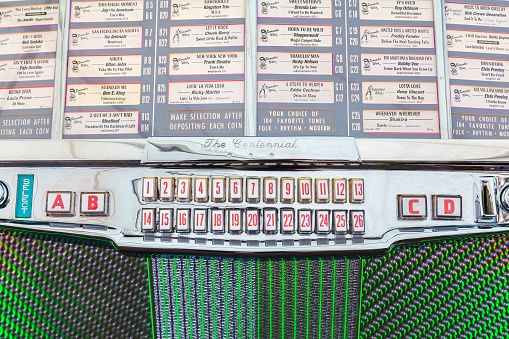 Den Bosch, The Netherlands - May 14, 2017: Close up of a vintage jukebox on an antique fifties to seventies flee market in Den Bosch, The Netherlands