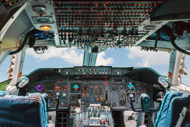 istock Old cockpit of a passenger airline plane 690375180