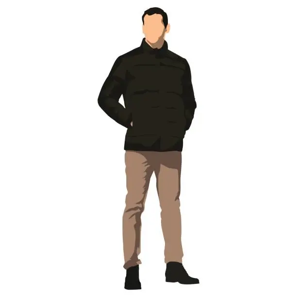 Vector illustration of Young handsome man standing in winter clothing. Dark jacket