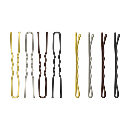 Metal bobby pins vector illustration isolated on white background. Hair clips of different color and shape. Types of hair-pins