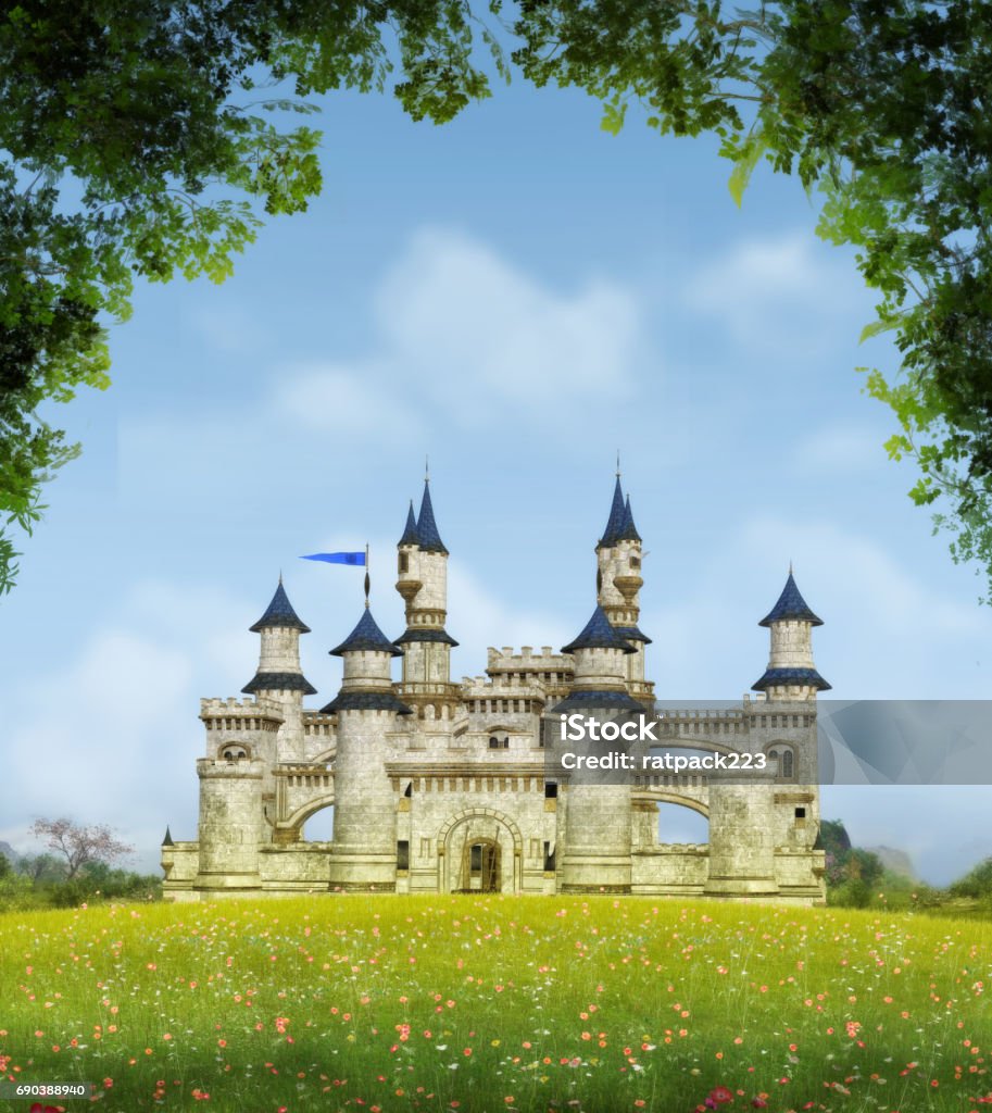 Romantic Fantasy Castle 3D rendering of a romantic fairytale castle in an idyllic landscape framed by trees. Castle Stock Photo