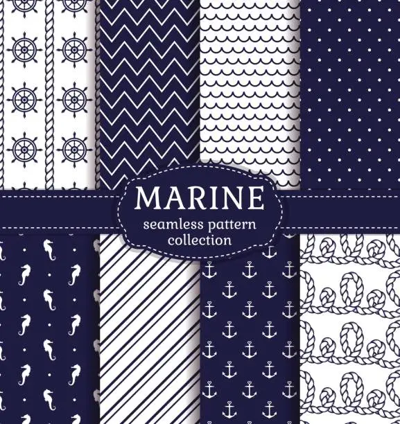 Vector illustration of Sea and nautical seamless patterns set.