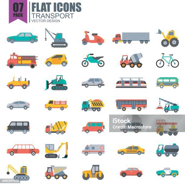 Ilustración de Simple Conjunto De Iconos Planos De Transporte y más Vectores Libres de Derechos de Tipo de transporte - Tipo de transporte, Transporte, Coche