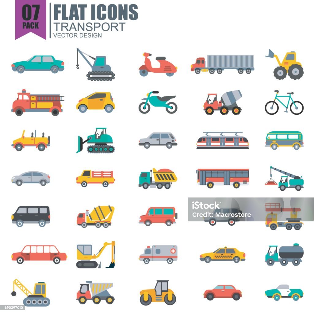 Simple set of transport flat icons Simple set of transport flat icons vector design. Contains such as taxi, train, tram, bus, car, tractor, crane and more. Pixel Perfect. Can be used for websites, infographics, mobile apps. Mode of Transport stock vector