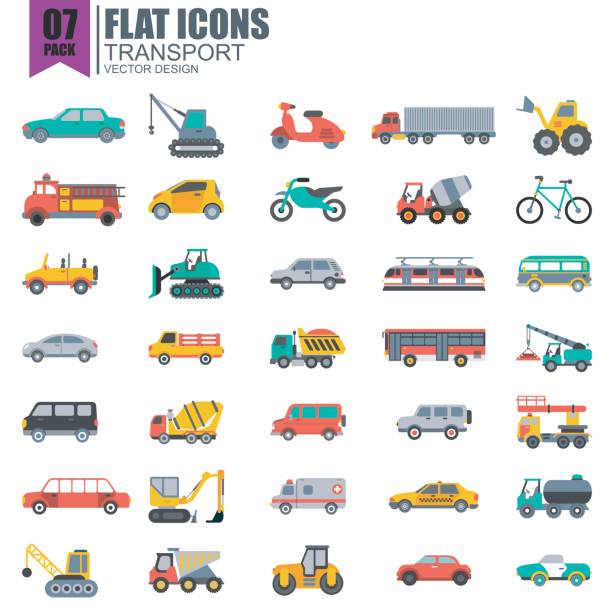 Simple set of transport flat icons Simple set of transport flat icons vector design. Contains such as taxi, train, tram, bus, car, tractor, crane and more. Pixel Perfect. Can be used for websites, infographics, mobile apps. tractor illustrations stock illustrations