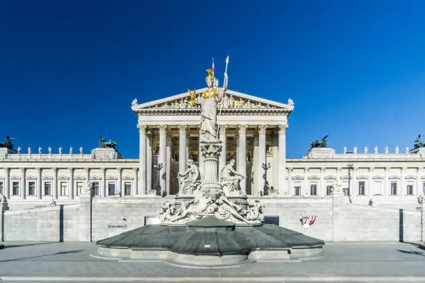 front view of the austrian parliament on the ringstraße with pallas athena fountain and greek architecture pillars