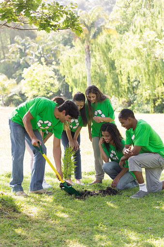 Group of multiethnic environmentalists gardening in park