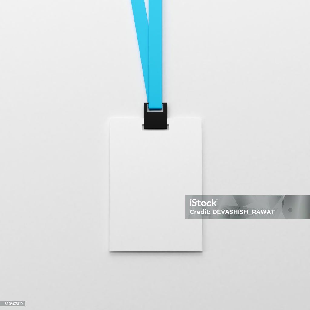 Blank white identity card mock-up Event, Document, ID Card, Lace - Fastener, Lace - Textile, Blue Lace Lanyard Stock Photo