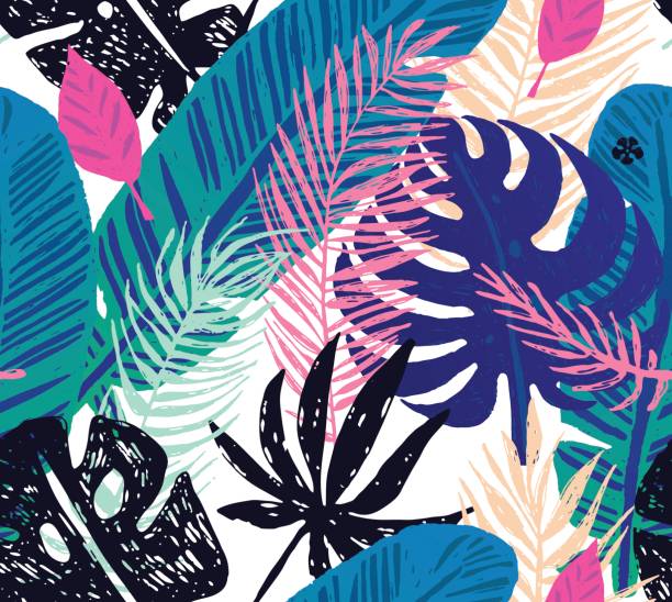 illustrazioni stock, clip art, cartoni animati e icone di tendenza di motivo alla moda senza cuciture con foglie di palma esotiche blu su sfondo bianco - hawaiian culture hibiscus print pattern