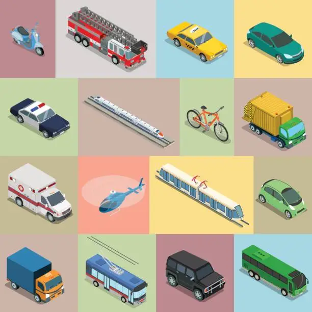 Vector illustration of Isometric flat vehicle, railway, flying transport vector illustration set. 3d Isometry City service and specialized transportation collection.