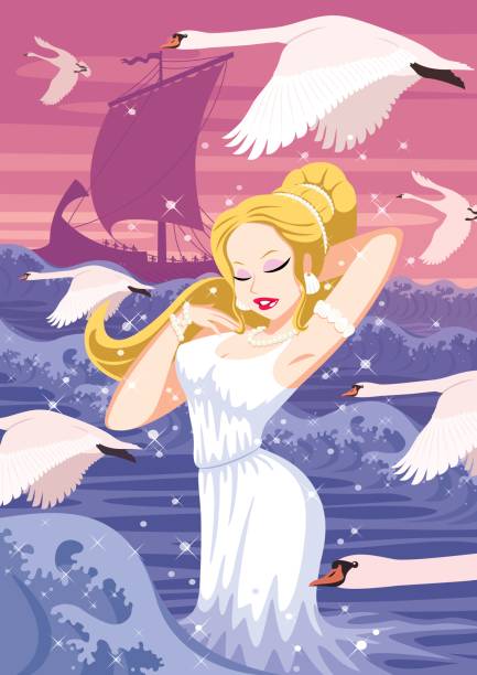 Aphrodite Birth of Greek goddess Aphrodite cartoon. goddess of ocean stock illustrations