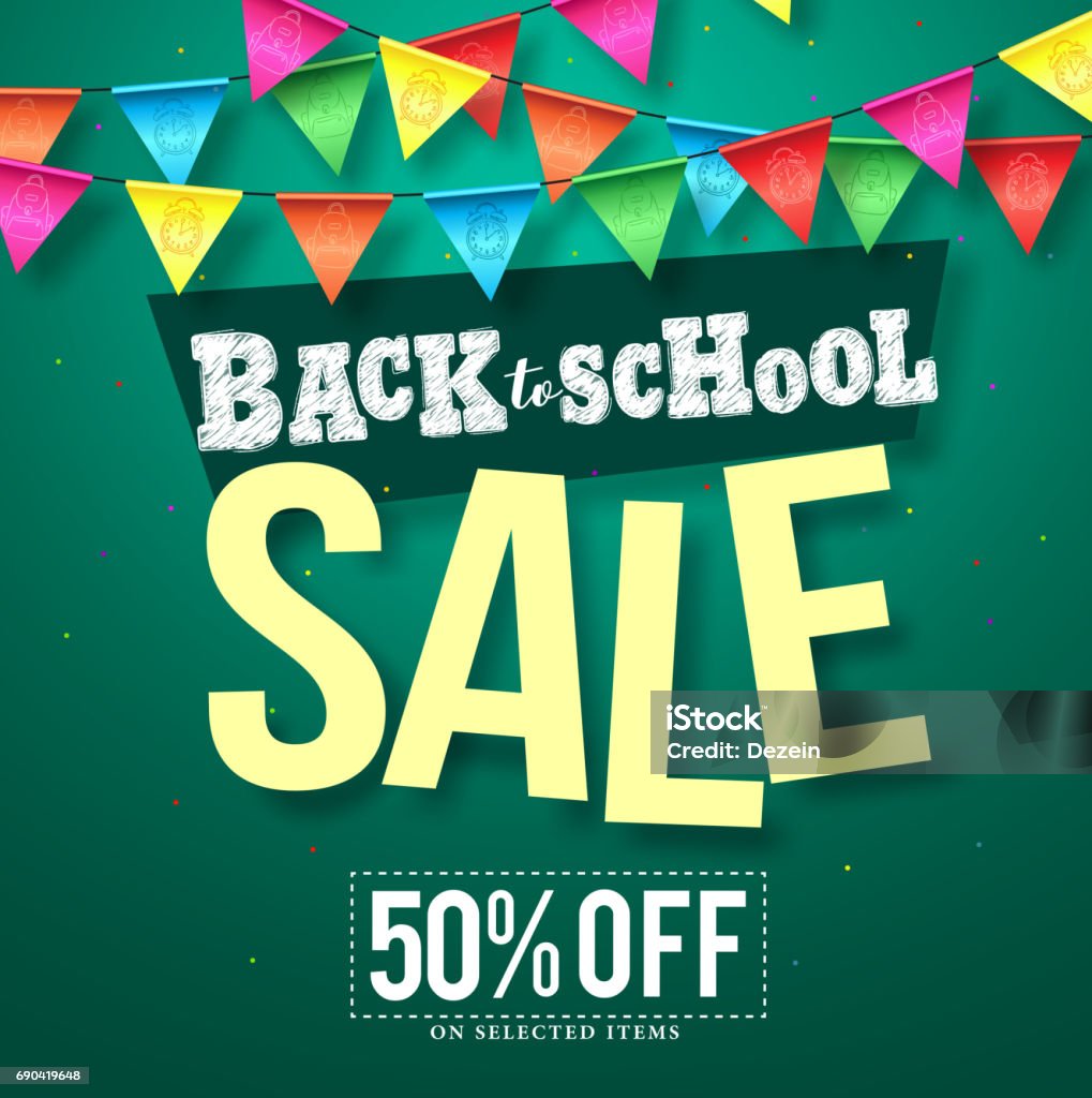 Back to school sale vector design with colorful streamers hanging Back to school sale vector design with colorful streamers hanging and sale text in green background for educational promotion. Vector illustration. Back to School stock vector