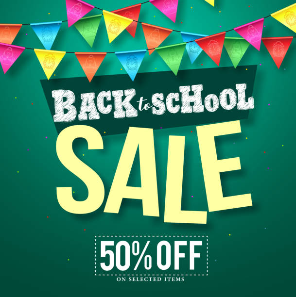 Back to school sale vector design with colorful streamers hanging Back to school sale vector design with colorful streamers hanging and sale text in green background for educational promotion. Vector illustration. hispanic day illustrations stock illustrations