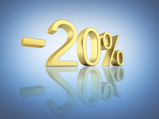 istock Gold text 20 percent off on dark blue gradient background with reflection 3D render 690422506
