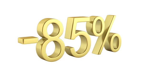 istock Gold text 85 percent off without shadow on white background with reflection 3D render 690422534
