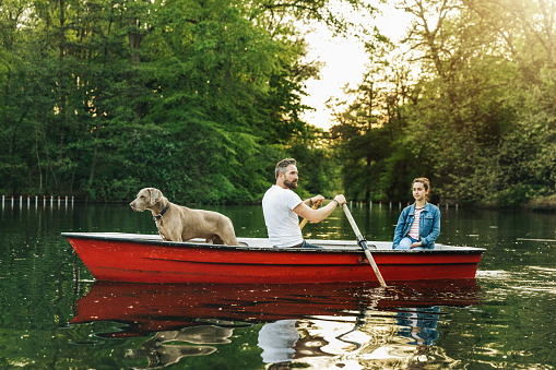 Father, daughter and Weimaraner dog in rowboat on lake