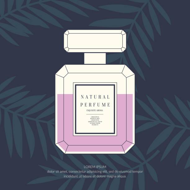 ilustraciones, imágenes clip art, dibujos animados e iconos de stock de clásico retro botella de perfume en un fondo tropical - perfume sprayer