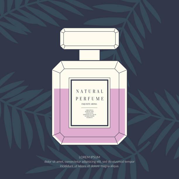 Classic retro bottle of perfume on a tropical background Classic retro bottle of perfume on a tropical background. Exotic leaves of plants and trees. Vector illustration. perfume sprayer stock illustrations