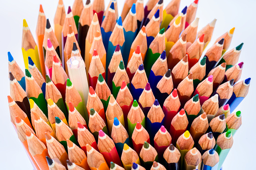 Close up macro shot of sharp colorful pencils