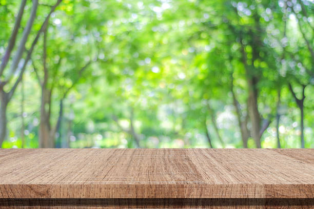 istock Empty wooden table over blurred tree with bokeh background, for product display montage 690432456