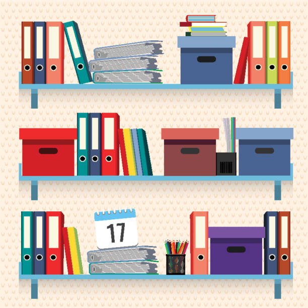 Documents and folders on shelves set vector illustration isolated Documents and folders on shelves set vector illustration isolated on white background. Paperwork concept, files with data in stacked textbooks organized bookshelf stock illustrations