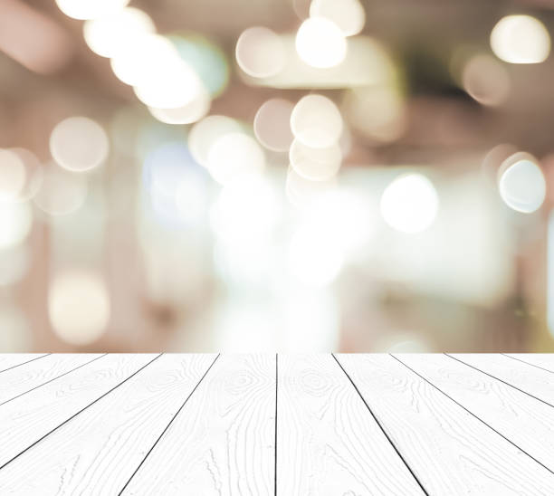 istock Perspective white wood and blurred store with bokeh background, product display montage 690432568