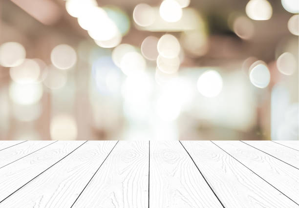 istock Perspective white wood and blurred store with bokeh background, product display montage 690432614