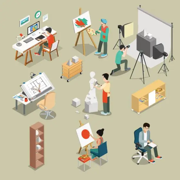 Vector illustration of Flat isometric Art studio or workshop with furniture, equipment and Graphic designer Sculptor photograph characters at working place vector illustration set. 3d isometry creative person concept.