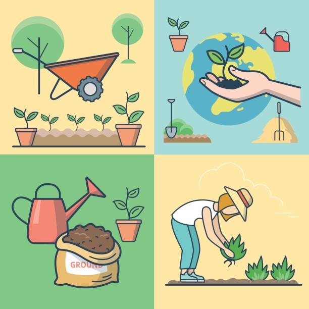 istock Linear Flat Female farmer planting, sprout in hand on globe background vector illustration set. Seedling and gardening concept. Earth bag, plant in the pot, cart, stack of hay, watering can icons. 690437346