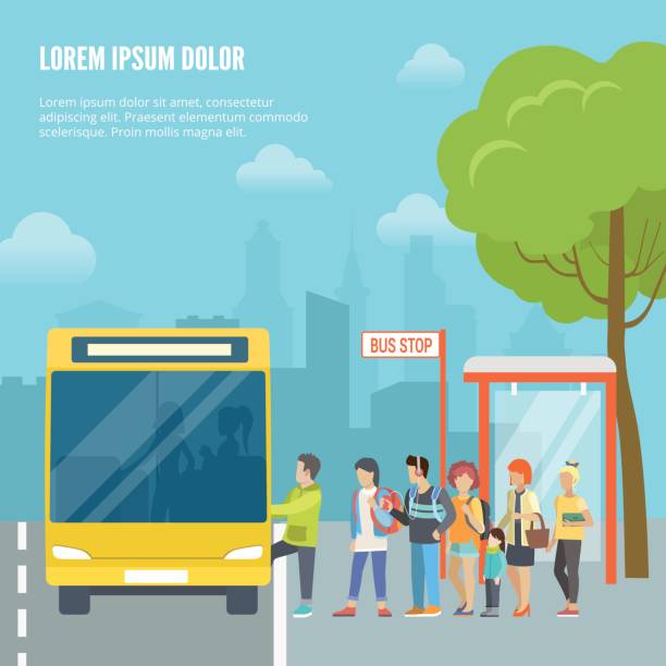 istock Flat young people entering bus on cityscape background vector illustration. Street traffic concept. 690437350
