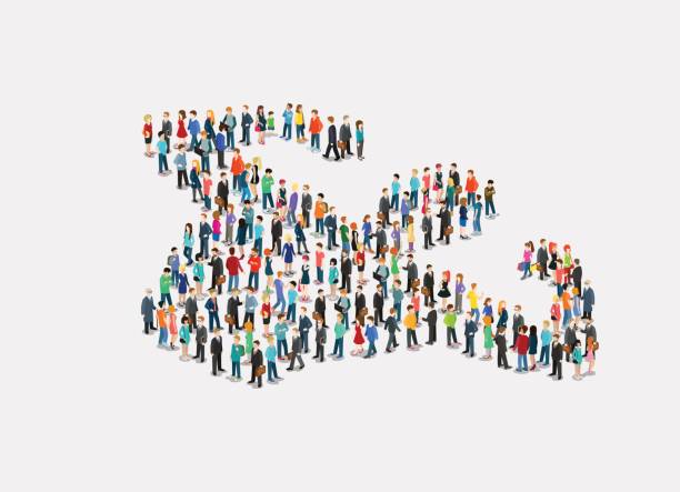 istock Flat isometric crowd of people forming silhouette of athlete torso vector illustration. 3d isometry Society Strength concept. 690437476