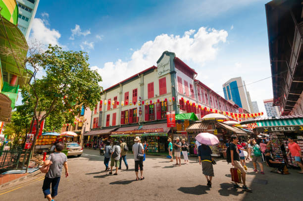 Street view of China town in Singapore A view of a street in the city state's Chinatown district. Ethnic Chinese began settling Chinatown in 1820s, while today the area is a major landmark singapore city stock pictures, royalty-free photos & images