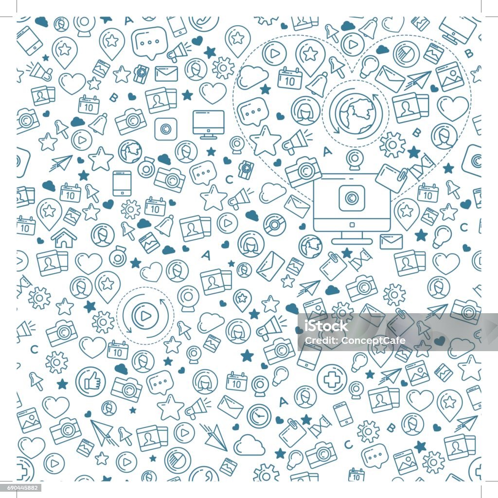 Social Media Blue Seamless Pattern Flat linear seamless pattern of social media, social networking, mobile app, sharing, communication, and social commerce. Backgrounds stock vector