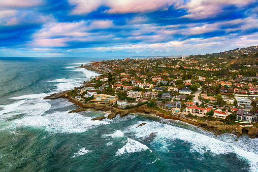 The northern San Diego community of La Jolla, California along the cliffs at the Pacific Ocean.