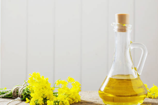 istock rapeseed oil (canola) and rape flowers on wooden table 690451206