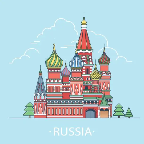 Vector illustration of Russian Federation design template. Linear Flat famous historic sight; cartoon style web site vector illustration. World travel and showplaces St. Basil Cathedral in Moscow. Vacation collection.