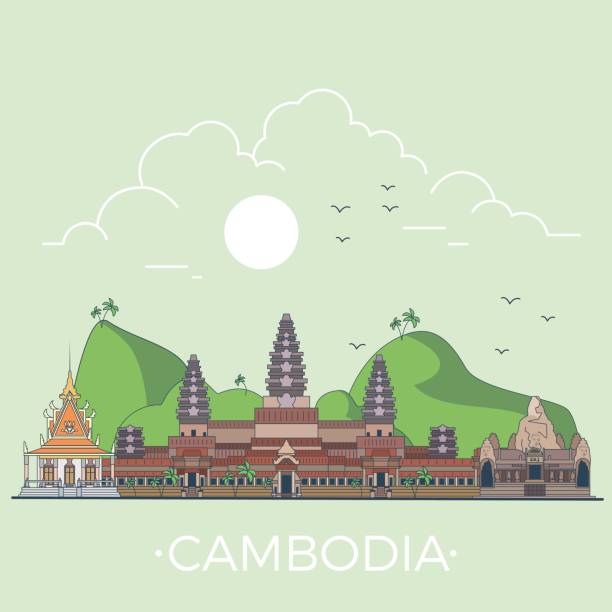 Cambodia country design template. Linear Flat famous historic sight; cartoon style web site vector illustration. World travel and showplace in Asia, Asian vacation collection. Cambodia country design template. Linear Flat famous historic sight; cartoon style web site vector illustration. World travel and showplace in Asia, Asian vacation collection. angkor wat stock illustrations