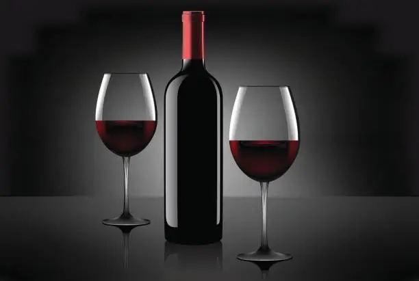 Vector illustration of Two glasses of wine and bottle over gray background. Vector