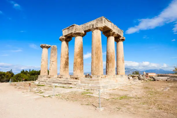Temple of Apollo in Ancient Corinth, Peloponnese peninsula, Greece. Ancient Corinth was one of the largest and most important cities of Greece.
