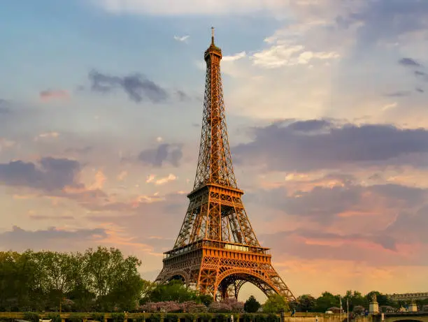 Photo of Eiffel Tower in springtime on the sunset