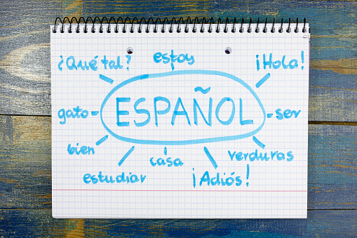 concept of learning spanish (espanol) language. basic vocabulary written in notebook on wooden background