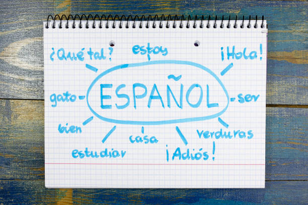concept of learning spanish (espanol) language concept of learning spanish (espanol) language. basic vocabulary written in notebook on wooden background espana stock pictures, royalty-free photos & images